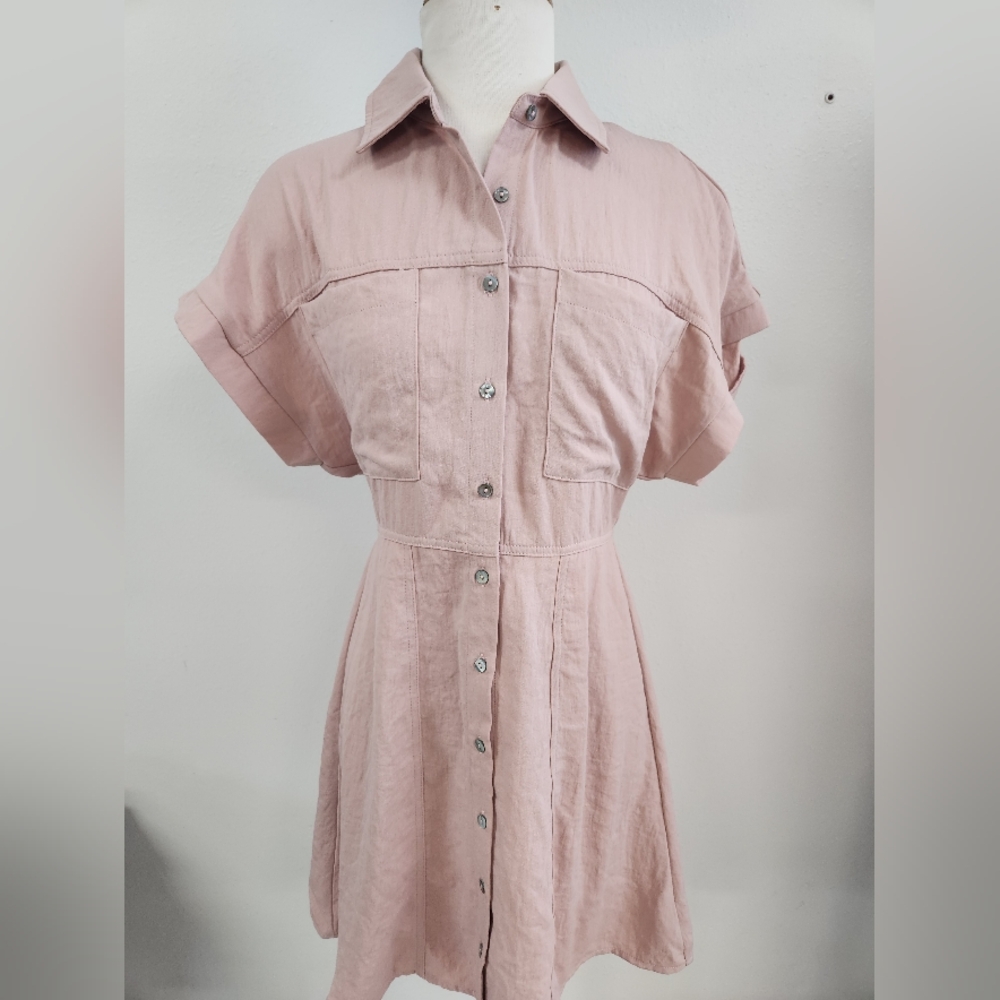 She +Sky Full Button Down Paperbag Waist Dress Blush Womens S Barbiecore Preppy